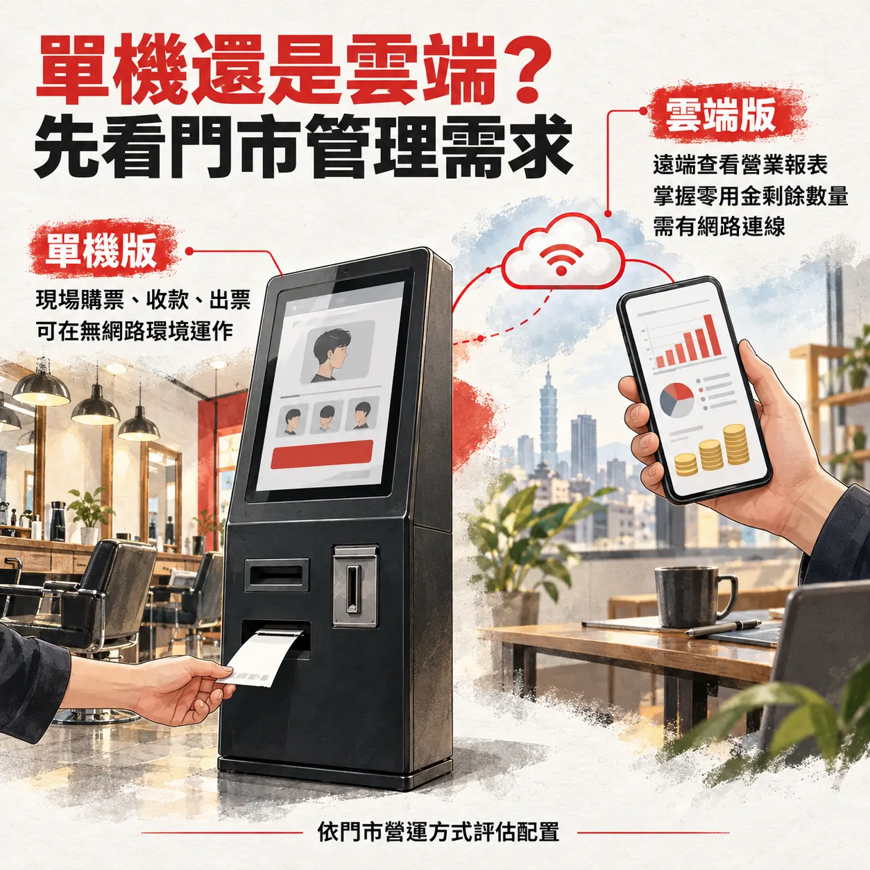快剪售票機單機版與雲端版比較，呈現現場購票及遠端查看營業報表與零用金的差異。