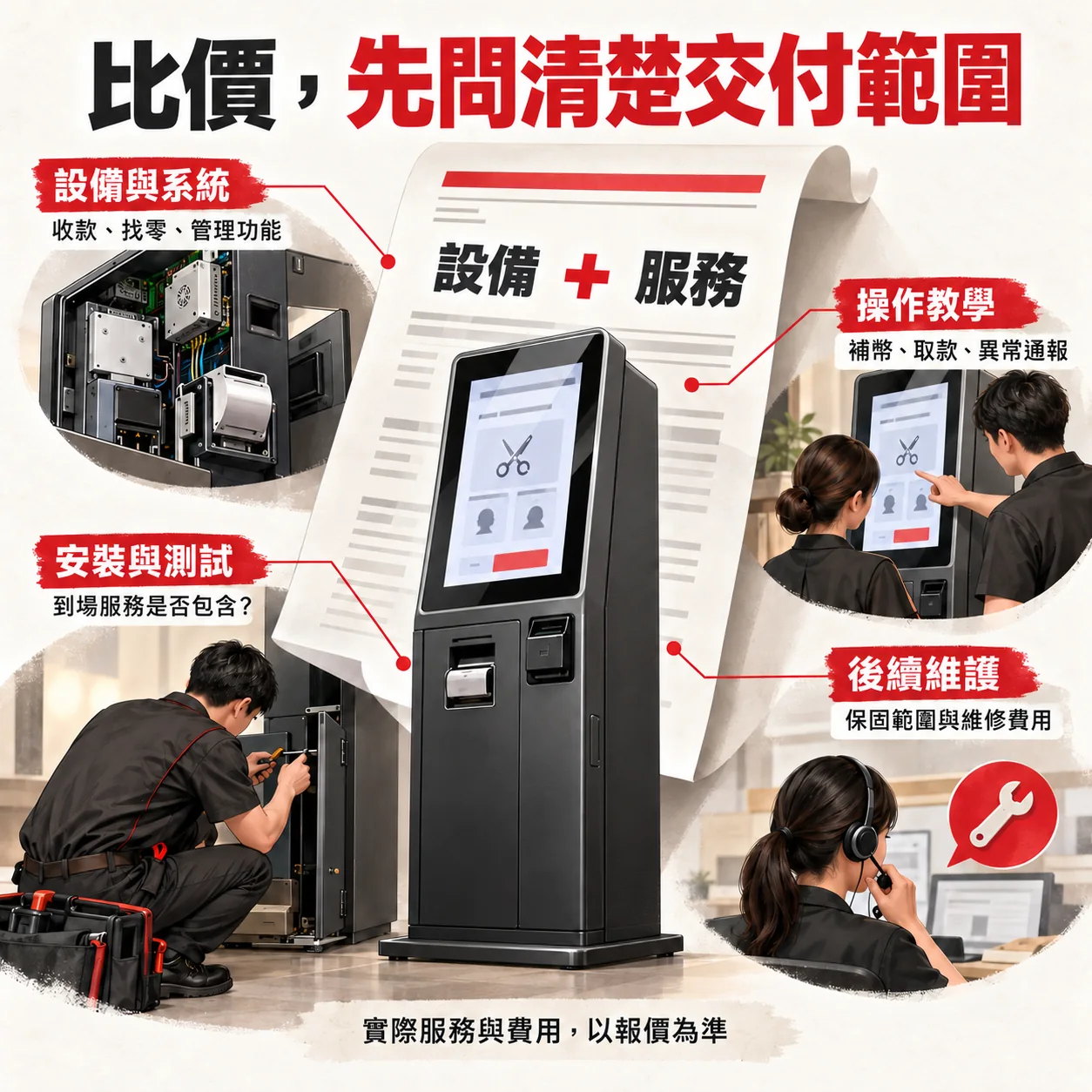 快剪售票機報價範圍示意，包含設備與系統、安裝測試、操作教學及後續維護。